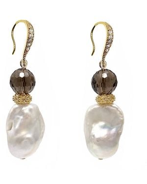 Farra Classic Style Baroque Pearl With Smoky Quartz Dangle Earrings - Metallic