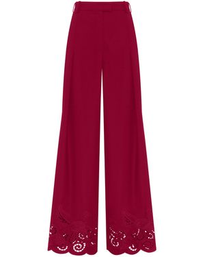 Annabo Crimson Rose Eyelet Embroidered Wool Wide-Leg Trousers