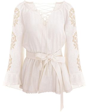 IZABELA MANDOIU Neutrals Linen Blouse With Laces And Floral Embroidery - White