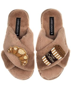Laines London Classic Laines Slippers With Coffee Cup & Croissant Brooches - Brown