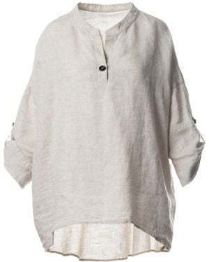 Jana Coshè Natural Linen Oversized Shirt With Mandarin Collar And Horn Button - Grey