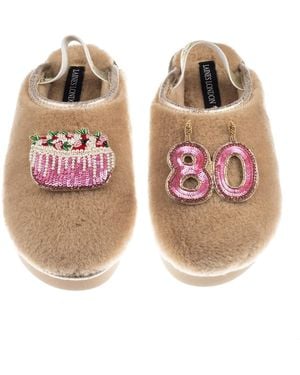 Laines London Neutrals Flatform Cloud Closed Toe Slippers With 80Th Birthday & Cake Brooches - Brown
