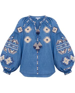 Annabo Rombé Geometric Embroidered Linen Blouse – - Blue