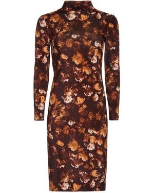 Terese Sydonna Floral Print Mock Neck Stretch Velvet Bodycon Dress - Brown