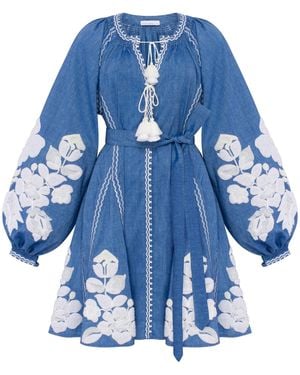 Annabo Harvest Sun Floral Embroidered Mini Dress - Blue