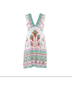 La Mandarine Summer Mini Dress, Cotton Mini Dress With Art Deco Print & Pockets, Alice - Blue