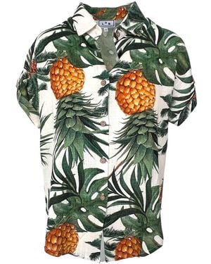 L2R THE LABEL Leaves & Pineapple Print Linen Short-Sleeved Shirt - Green