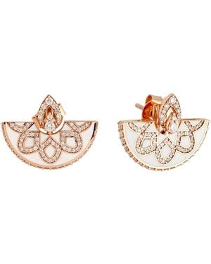 Artisan 18K Rose With Pave Genuine Diamond & Enamel Fan Unique Stud Earrings - Metallic