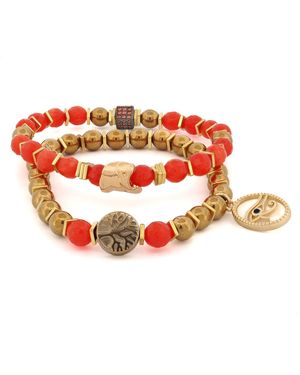 Ebru Jewelry Carnelian Stone Beaded Ra & Elephant Charm Bracelet Set - Brown