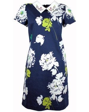 Lalipop Design A-Line Mini Dress With Bead Embroidered Collar - Blue