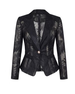 Modenaire Tailored Blazer With Sheer Lace Sleeves And Single Button Front - Black