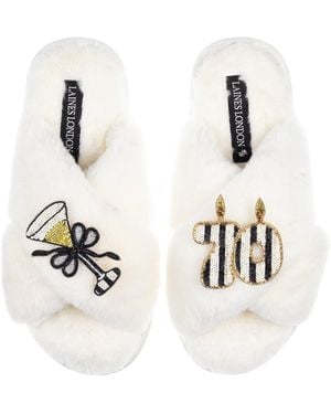 Laines London Neutrals Classic Laines Slippers With Stripe 70 Th Birthday & Glass Of Champagne Brooches - White