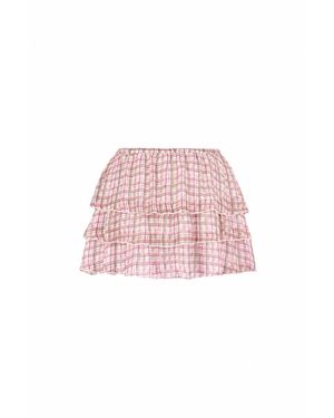 Par & Escala Checked Ruffle Chiffon Mini Skirt - Pink