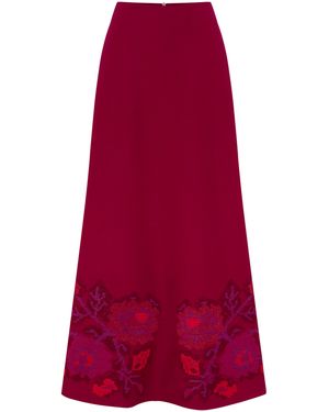 Annabo Crimson Pixel Rose Embroidered Wool Maxi Skirt