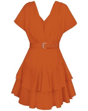 ALINA CERNĂTESCU Oasis Linen Bamboo Holiday And Cocktail Midi Dress With Textile Belt - Orange