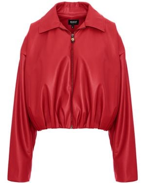 BLUZAT Burgundy Oversized Cropped Jacket With Draping - Red