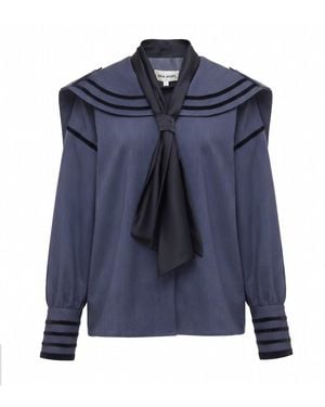 Julia Allert Contrast Piping Sailor Collar Tie Front Blouse – - Blue