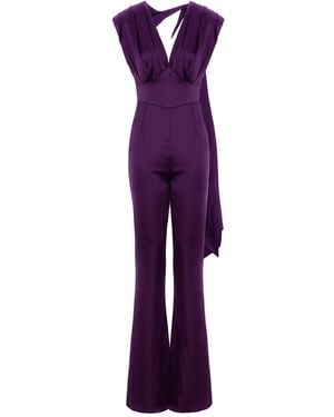 BLUZAT Elegant Draped Jumpsuit With Flared Legs - Purple