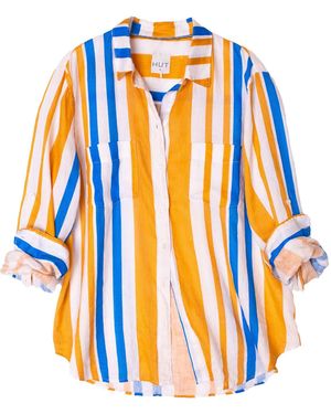 Hut Noosa Zanzibar Stripe Oversized Boyfriend Linen Shirt - Blue