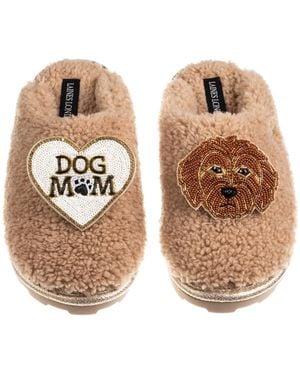 Laines London Neutrals Teddy Closed Toe Slippers With Dog Mum Mom & Apricot Cockapoo Brooches - Metallic