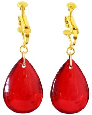Laura Daili Ruby Golden Clip On Teardrop Glass Earrings - Red