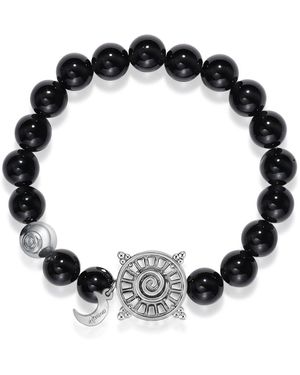 Aurozia Three Charms Solar Meridian Whitegold Plated Sundial And The Sun Coin Agate Beaded Bracelet - Black