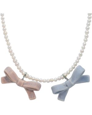 H2 Studio Bowtie Maniac Medium Ceramic Ribbon Bowtie Round Baroque Freshwater Pearl Multi Charms Necklace And Set - Blue