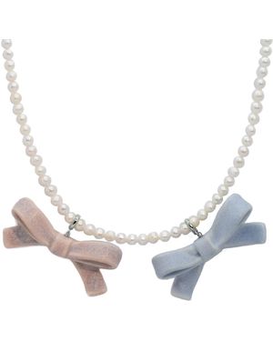 H2 Studio Bowtie Maniac Medium Ceramic Ribbon Bowtie Round Baroque Freshwater Pearl Multi Charms Necklace And Set - Blue