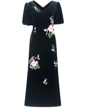 Silk and Bears Hand-Embroidered Silk Velvet Puff-Sleeve Maxi Dress — Floral — Velvet Atelier - Black