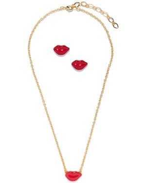 The Pink Reef Hand-Painted Kiss Kiss Lips Stud & Necklace Set - Red