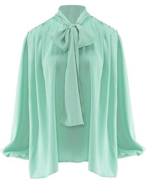 BLUZAT Mint Blouse With Draped Shoulders & Bow Ribbon - Green