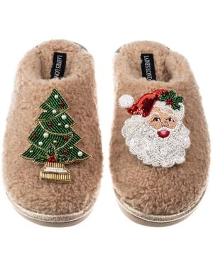 Laines London Neutrals Teddy Closed Toe Slippers With Christmas Tree & Santa Clause Brooches - Brown