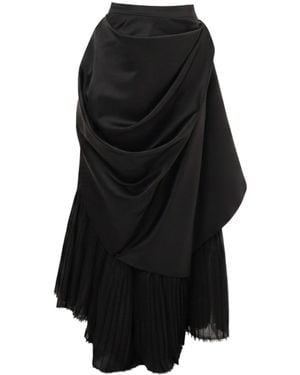 Sazha Asymmetric Maxi Skirt With Draped Overlay And Pleated Hem - Black