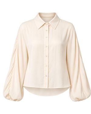 Carloslines Neutrals Oversized Balloon Sleeve Button Down Crinkled Satin Shirt W/ Shirttail - Natural