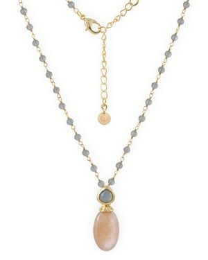 Giselle Vale — London Persephone Double Gemstone Beaded Chain Necklace Peach Moonstone & Labradorite - Metallic
