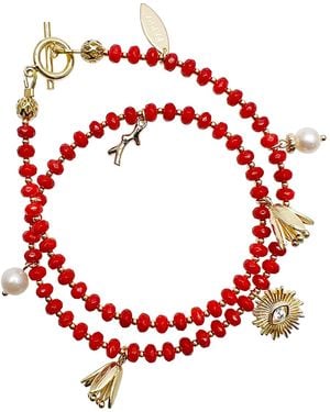 Farra Double Layer Coral With Evil Eye Charm Multi-Way Bracelet - Red