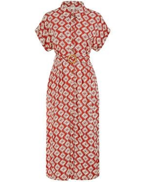 Yumi' Viscose Midi Shirt Dress With Matching Belt - Red
