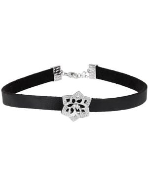 Saachi Crystal Flower Leather Choker - Black