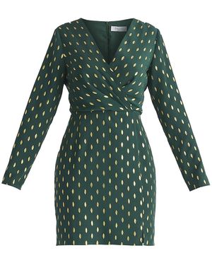 Paisie Foil Print Mini Wrap Dress With Slit - Green