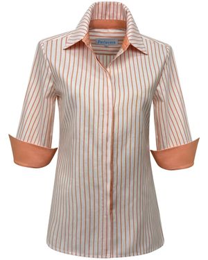 Perlavera Sam Stripe Hidden Placket Three Quarter Sleeve Slim Fit Cotton Oxford Shirt - Brown