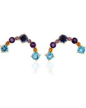 Artisan 18K Multi Gemstone Curved Stud Earrings - Blue