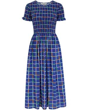 Sugarhill Zamira Shirred Midi Dress, Matchstick Check - Blue