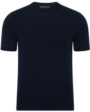 Paul James Knitwear Ultra Fine Cotton Hudson High V Neck Knitted T-Shirt - Blue