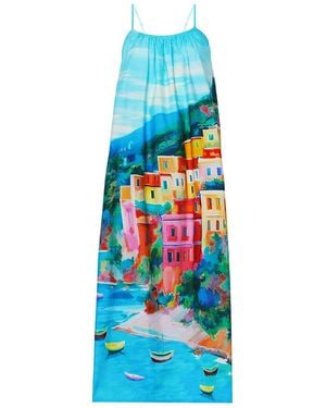DHARA SHETH DUBAI La Dolce Riviera Mediterranean Print Cotton Maxi Dress With Pockets - Blue
