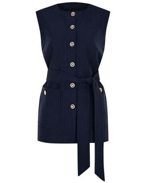 Exquise Slim Fit Textured Vest With Button Details, Waist Tie, & Pockets - Blue