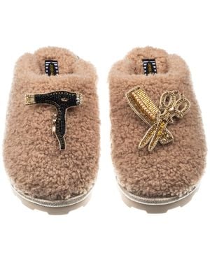 Laines London Neutrals Teddy Closed Toe Slippers With Hairdresser Brooches - Natural