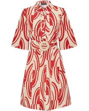 Exquise Rachel Abstract Print Belted Shirt Dress - Red