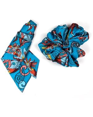 Janara Jones Floral Paisley Satin Twilly & Scrunchie Set - Blue
