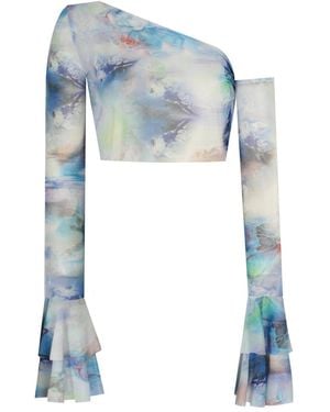 No'design Sheer Crop Top With Ruffled Sleeves - Blue