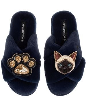 Laines London Classic Laines Slippers With Paw & Siamese Cat Brooches - Blue